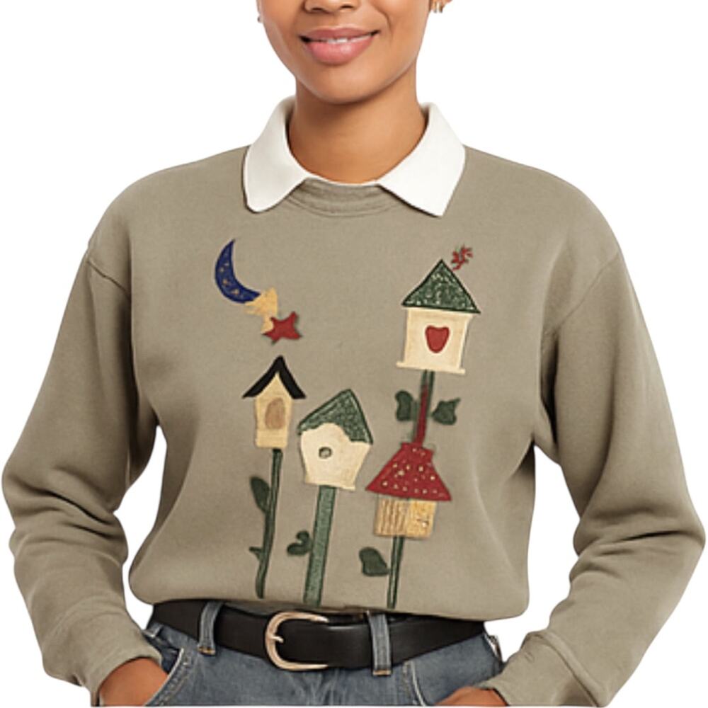Vintage Jerzees Collared Sweatshirt Embroidered Bird House Oversized Khaki 2X